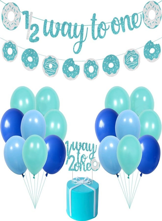 Festiko® Set of 28 Pcs Blue Glitter Donut Theme Happy 1/2 Birthday Combo (Banner, Cake Topper, Balloons), Half Way To One, Half Birthday Decorations, 6 Months Decorations For Boys. - Image 1